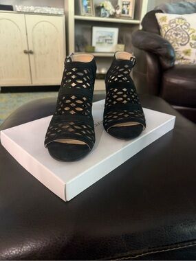 Unisa Black Laser-Cut Peep-Toe Heels